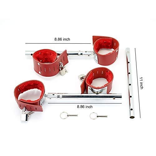 SCARLET KITTEN Metal Spreader Bar with 4 Leather Adjustable Straps Set, Silver and Red