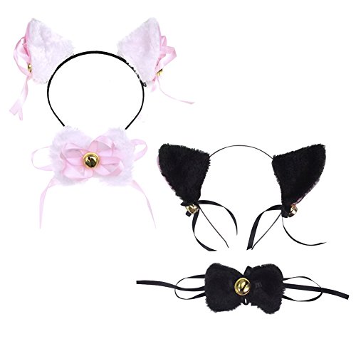 Mwfus Womens Girls Cat Ears Headband Hair Hoop Bow Tie Holloween Cosplay Party Set
