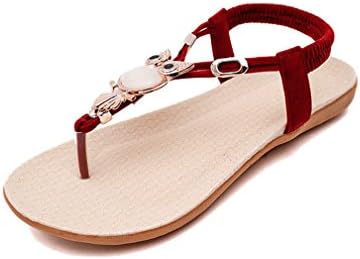 SUKULIS Women Shoes Women Sandals Elastic T-Strap Bohemia Beaded Owl Slipper Flat Sandals Women Summer Style Flip Flop Red 5