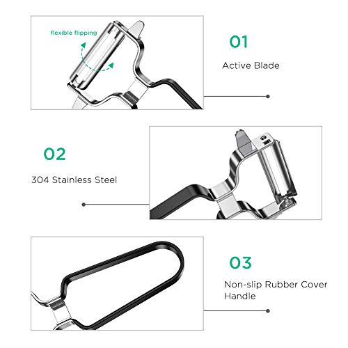 Vegetable Peeler Stainless Steel, Echeer Ultra Sharp Dual Julienne & Fruit Peelers Great Kitchen Tool with Black Non-slip Grip for Apples Potatoes Carrots, 2 Packs