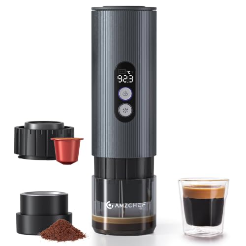 AMZCHEF Portable Coffee Maker 20Bar, 2-IN-1 Self-Heating Portable Espresso Maker with LCD Display, USB-C Rechargeable, Compatible with NS Capsule & Ground Coffee for Camping, Travel, Office & Home Use