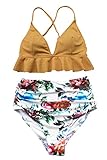 CUPSHE Fashion Rambling Rose Falbala High-Waisted Bikini Set Swimsuit Beach Swimwear Bathing Suit (XL)