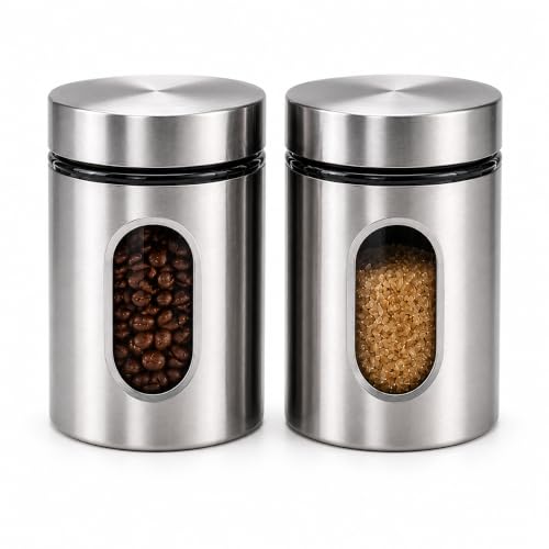 Kit Com 2 Potes Vidro Vítreo Revestido Em Inox 630ML Tampa Com Vedação e Visor - Ideal para Armazenar Café, Açucar, Sal, Grãos e Mantimentos - Super Resistente - Cantinho Do Café