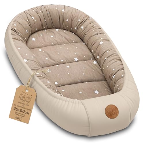 Cotton Baby Cot Reducer 90 x 50 cm Versatile Cocoon for Baby Nest Moses Basket and Newborn Baby Basket Ideal for Carrying Perfect for Girls and Boys Beige with White Stars