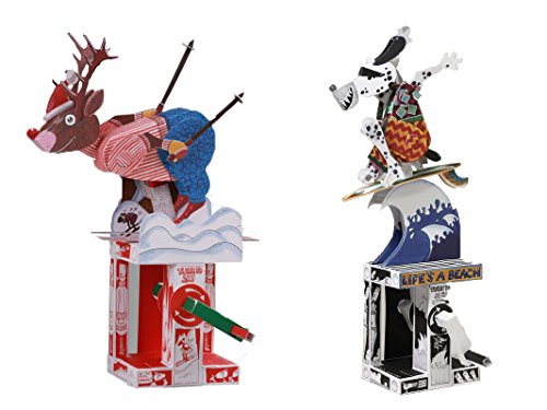 Automata Paper Machine Moving Model Combo Kit – Sliding Dear + Surfing Dog designed by Keith Newstead (Great Summer Vacation Project, Birthday Gift for Kids)