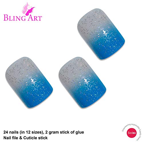 False Nails Bling Art French Fake Blue Be My Baby Squoval 24 Acrylic Medium Tips