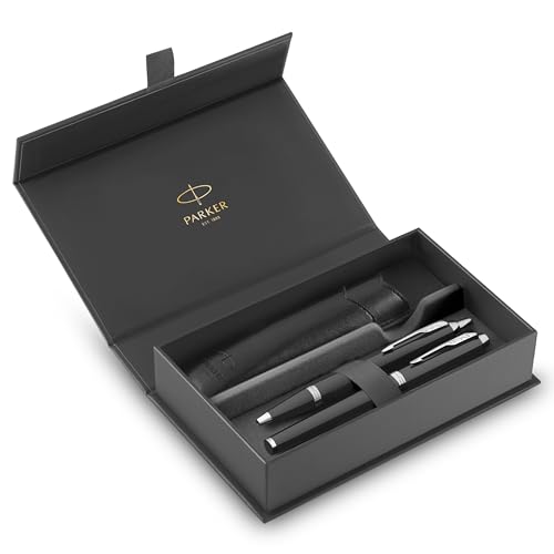 IM Set de regalo Duo Pen | Pluma estilográficabolígrafo y estuche | Acabado lacado negro con adornos cromados | Punta media | Recargas de tinta azul | Regalos de graduación perfectos