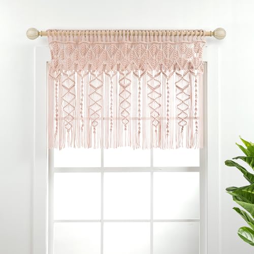 Lush Decor Cantonnière en Coton texturé macramé bohème - 101,6 cm de Large x 76,2 cm de Long - Rideaux de Cuisine et décoration Murale - Rideaux de fenêtre de Salle de Bain - Rose poudré