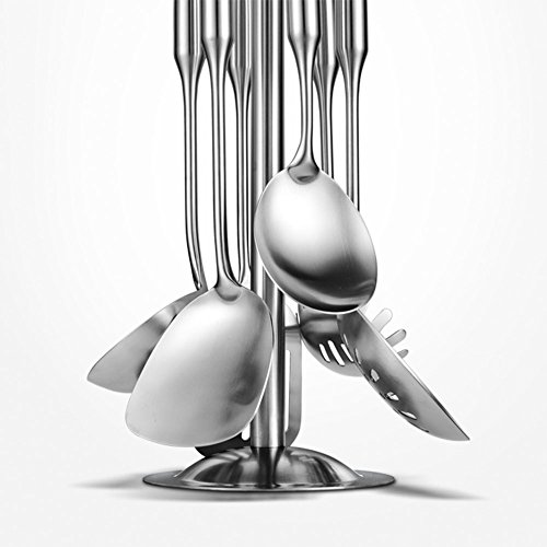 HaloVa Kitchen Utensil Set, Versatile Nonstick Food Grade Stainless Steel Cooking Utensils Set with Long Handle and Hanging Rack, Includes Ladles, Pasta Server, Spatula, Strainer, Slotted Turner