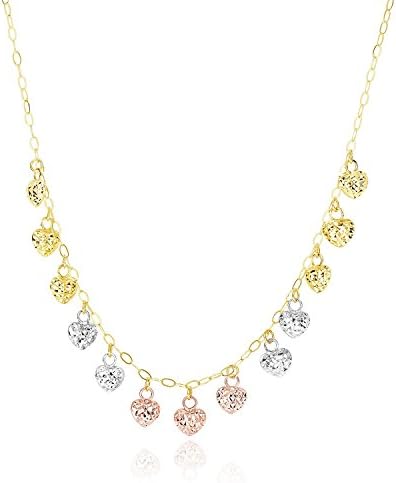14K Tri-Color Gold Diamond Cut Puffed Heart Charms Necklace