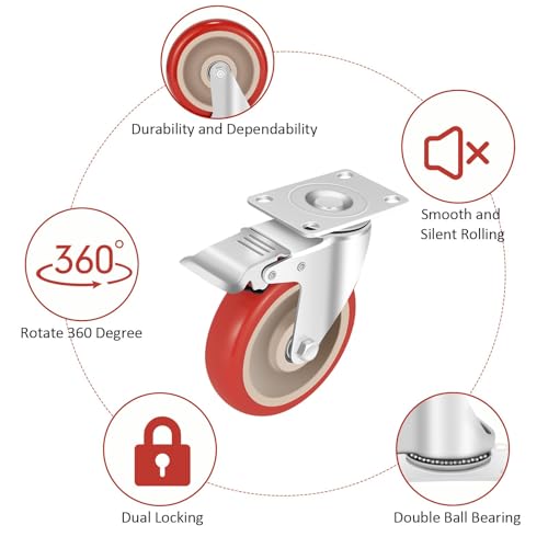 5-Inch Heavy-Duty Caster Wheels Set of 4-2400Lbs Total Capacity, Industrial Strength Polyurethane Wheels with Secure Double Locks, Smooth, Noise-Free Rolling for Carts, Workbenches & Furniture