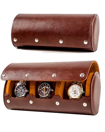 MR.OKAY 3 Watch Travel Case- Classic Leather Watch Case With Superb Texture.Portable Watch Roll Or Organizer For Storage And Display. Men's Great Gift For Traveling, 100% Handmade by Artisans.