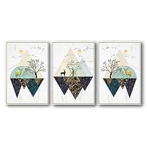 Abstract Geometric Deer World - 3 Panel Framed Canvas