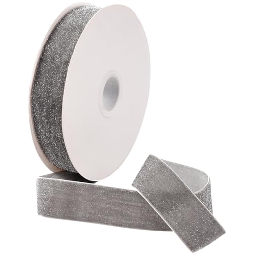 CABODYALS 9.14M 25mm Dark Grey Glitter Velvet Ribbon Single Sided Silver Trims Metallic Shimmer Polyester Soft Fabric Wide Ribbons Bundle Rolls with Spool for Party Decor Gift Wrapping Wreath DIY