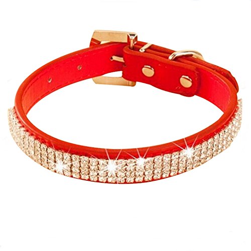 Bling Rhinestone PU Leather and Crystal Diamond Puppy Collar for Pet Dog Cat Collar with leash (XS, Red) - Thumbnail 3