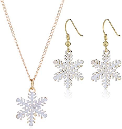 EJY Elegant Christmas Snowflake Pendant Necklace Hook Drop Dangle Earrings Women Jewellery Set (Snowflake)