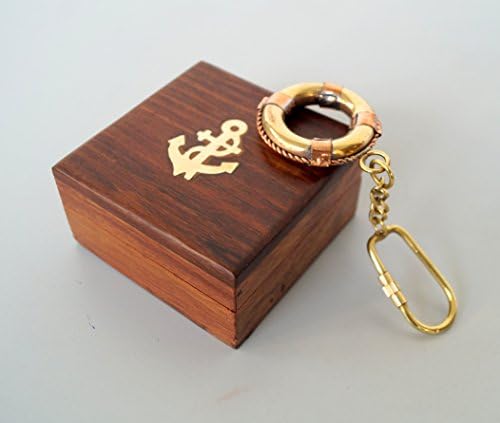VINTAGE COLLECTIBLE NAUTICAL BRASS SWIMMING TUBE KEY CHAIN KEY RING GIFT REPLICA WITH ANCHOR WOODEN BOX