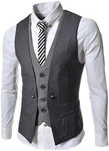 QINGYUAN Mens Business Slim Fit Chain Point 4 Button Vest Waistcoat Grey XXL