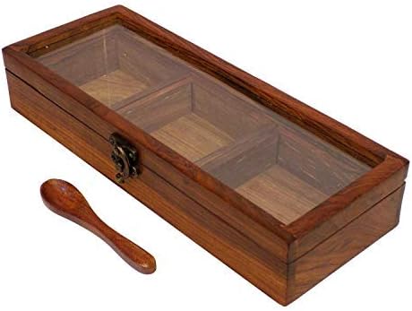 UniqueKrafts Zyntix Masala Box Wooden Table Top Masala Dabba Containers Jars Cum Kitchen Spice Box with Spoon Masala box for kitchen Masala Container for Kitchen Anjarai petti for kitchen latest
