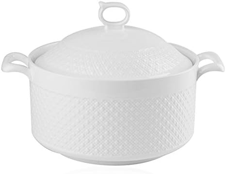 Bakou Double Handle Lid Pure White Ceramic Tureen Soup Pot Thread Relief Heat-resistant Soup Bowl (29CM*23CM*18.5CM)