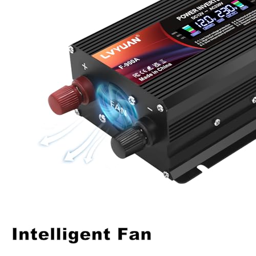 LVYUAN Inverter 12V 230V 900W Voltage Converter with EU Plugs, 2 USB, Alligator Clip, Cigarette Lighter and LCD Display Inverter Peak 1800W