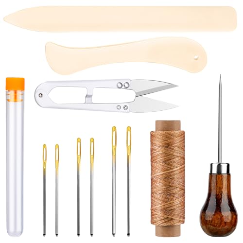 Wonvoc 12 Pieces Bookbinding Kit with Bone Folder, Awl, Waxed Thread, Needles, Starter Set for DIY Book Binding, Journal Making, Leather Craft