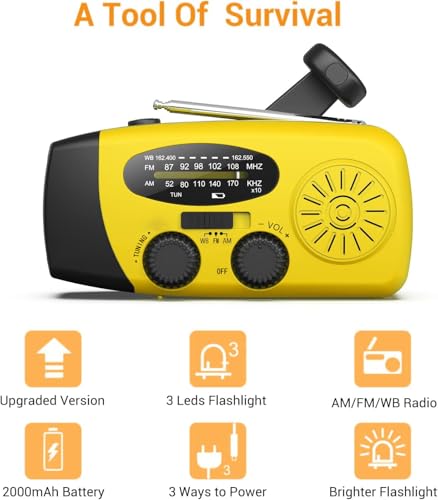 Portable AM/FM Solar Radio with 2000 mAh Rechargeable Battery and Dynamo Crank, USB Port, Rechargeable SOS Alarm/Torch, for Camping, Travelling