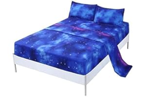 SDIII 4PCS Blue Galaxy Sheets Set Full, Soft Microfiber Galaxy Sheets Full Size, Blue Galaxy Bed Sheet Set for Girls Boys Kids and Teens All Season