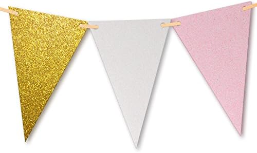 10 Feet Vintage Double Sided Glitter Triangle Flag Bunting Pennant Banner for Wedding Birthday Baby Shower Home Teepee Decor, Upgrade Glitter Version, Gold+White+Pink 15 Flags, Pack of 1