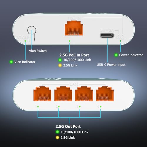 Ethernet Splitter 2.5G 1 to 4 with PoE Input, High Speed 2.5G RJ45 Internet Splitter with Aluminium Shell, VLAN Port Isolation, PoE/USB-C Powered, USB-C Cable Included, Network Splitter