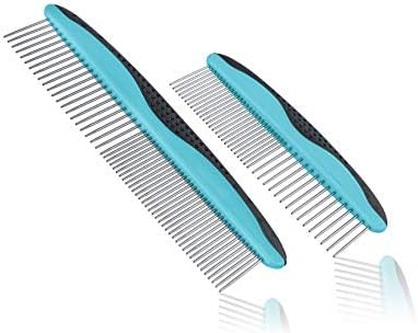Pets First 2 Pack Dog Comb Small & Large PET Comb for Small & Large Breeds & Areas. Premium Anti-Slip Comfort Grip Ergonomic Handle for Your Dog & Cat with Durable Stainless-Steel