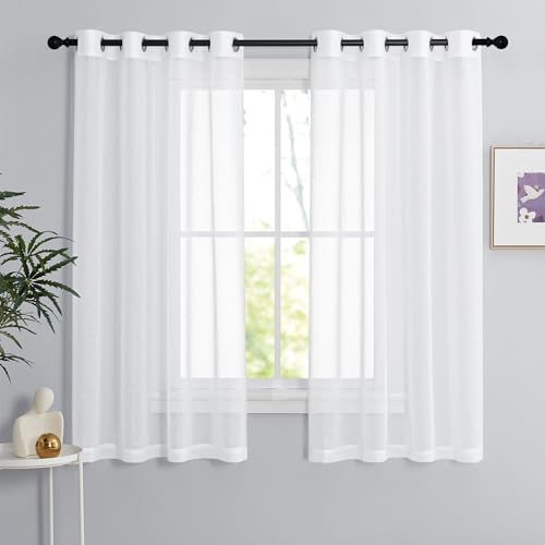 PONY DANCE Voile Curtains, White Transparent Eyelet Curtain, Set of 2 H 160 x W 140 cm Living Room Curtains, Short Sheer Curtains, White Curtain, Linen Look, Bedroom