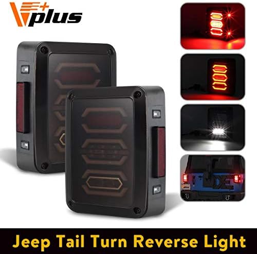 Vplus Red LED Tail Brake Light Assembly w/Turn Signal & Backup Reverse Smoke Lens Fits for Jeep Wrangler JK JKU Sports, Sahara, Freedom Rubicon 2007-2018 (Pair)