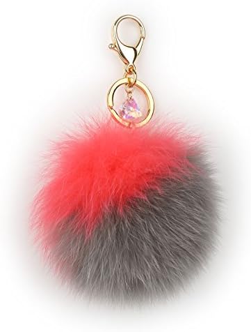 Richbud Fox Fur Ball Austrian Crystal Gold Keychain Pom Pom Keyring Handbag Purse Charm (Gray-Red)