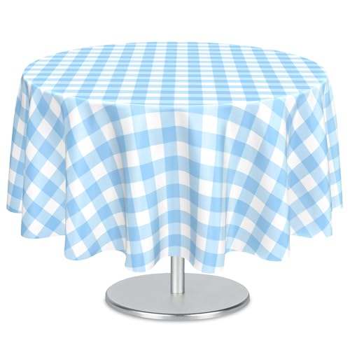 Light Blue Gingham Round Plastic Tablecloth