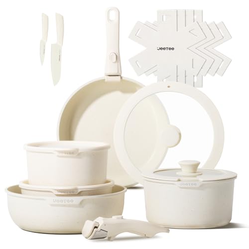 JEETEE Pot and Pan Sets with Removable Handle, 17-Piece Non-Stick Pan Set, Induction Pot Set, Cooking Pot Set with Lid and Knife, Compatible with All Cookers, PFOS/PFOA Free, Beige