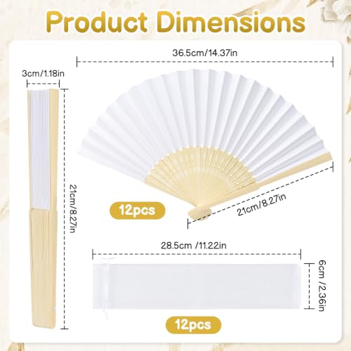 Coicok 12 x Wedding Fans, White Folding Wooden Paper Fans, Customisable Pack with 12 Organza Gift Bags, Japanese Fan for Wedding, Guest, Dance Party Decoration