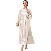 Muslim Abaya Long Sleeve Open Front Rhinestones Kaftan Cardigan Maxi Dress for Women with Belt