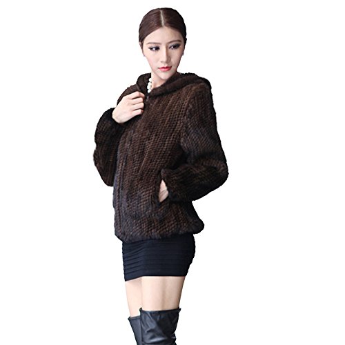 Fur Story Women's Long Real Mink Fur Coat with Hood Brown US 6