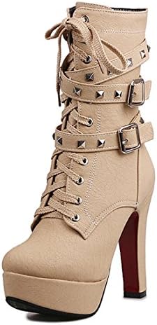 Odetina Women's Sexy Lace-Up Zipper Buckle Strap Chunky High Heel Platform Mid Calf Punk Boots with Rivet Stud