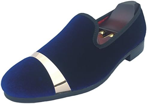 Men's Velvet Loafers Dress Shoes Slip-On Wedding Slippers Flats With Gold Buckle (11 D(M) US, Navy Blue)