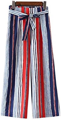 FunnyKing pants Women Striped Wide Leg Pants Bow tie Elastic Waist Pockets Loose Chic Trousers