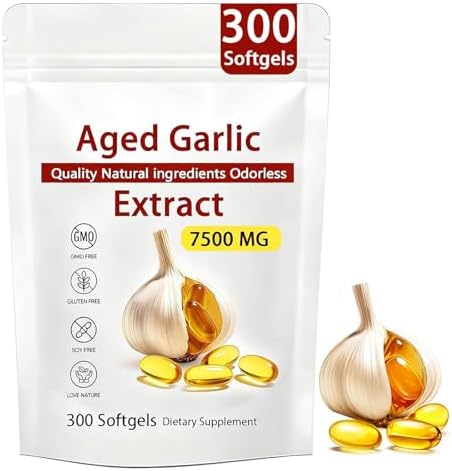 Aged Garlic Extract Capsules 7500mg Odorless – 300 Count Aged Garlic Supplement for Heart & Immune Support, 15:1 Concentrated Garlic Pills, Organic, Non-GMO, Vegetarian Softgels (1 PCS)