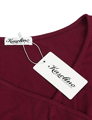 KASCLINO Retro Dresses, Women's V-Neck Floral Print Swing Autumn Winter Dress Wine Red M - Thumbnail 2