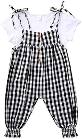 Cousannory 子供服 半袖 Tシャツ 白 ベビー服 サロペット チェック キッズ服 女の子 セットアップ 2点セット ガウチョ パンツ 赤ちゃん トップス 無地 新生児 服 セット 子供オーバーオール ガールズ キャミソール ロンパース 春 夏