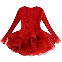 Generic Christmas Sweater Dresses for Girls Ruffle Sweater Long Sleeves Tutu Dress Stitching Knitting Pullover Tops for Kids (Red, 100)