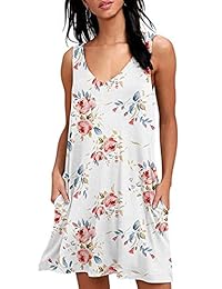 Vestido de verano para mujer, sin mangas, floral, con bolsillos, casual, suelto, plisado