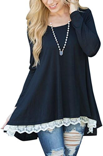 Lasvane Women Black Long Sleeve Tunic Tops For Leggings Lace Trim Casual