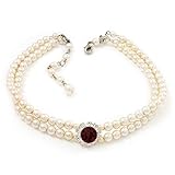 2 Strand Light Cream Imitation Pearl CZ Wedding Choker Necklace (With Ruby Red Coloured Central Stone)