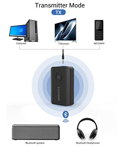 EUASOO Bluetooth 5.0 Transmitter Receiver, 2-in-1 Wireless Adapter with 3.5mm AUX Stereo Output (AptX Low Latency, Pair with 2 Bluetooth Devices Simultaneously) for PC/TV/Home Sound System, Black